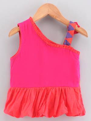 Solid Cotton Asymmetric Neck Embroidered Top With Printed Dhoti Pants- Orange & Blue 3