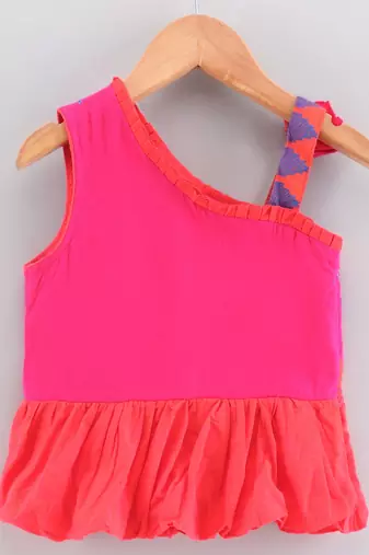 Solid Cotton Asymmetric Neck Embroidered Top With Printed Dhoti Pants- Orange & Blue