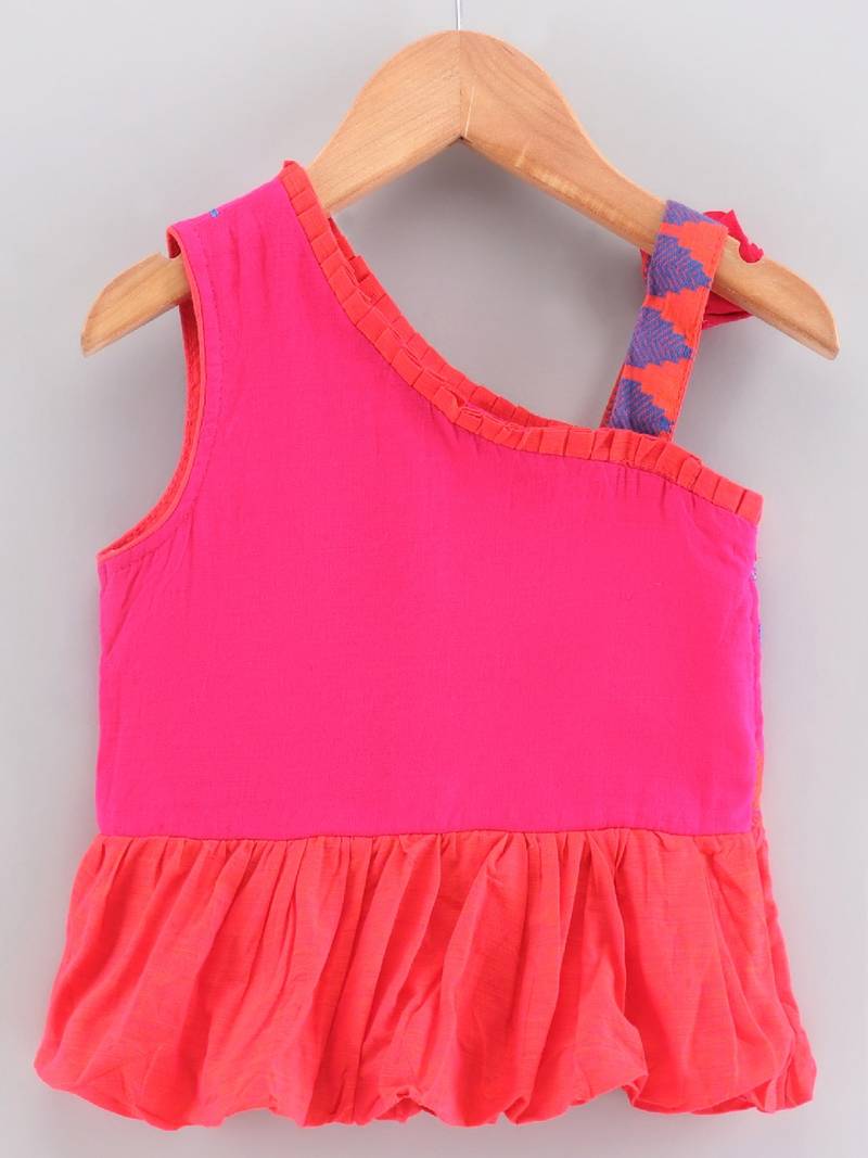 Solid Cotton Asymmetric Neck Embroidered Top With Printed Dhoti Pants- Orange & Blue