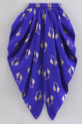Solid Cotton Asymmetric Neck Embroidered Top With Printed Dhoti Pants- Orange & Blue