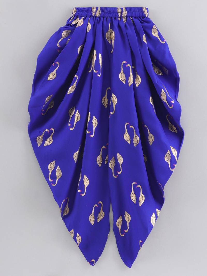 Solid Cotton Asymmetric Neck Embroidered Top With Printed Dhoti Pants- Orange & Blue