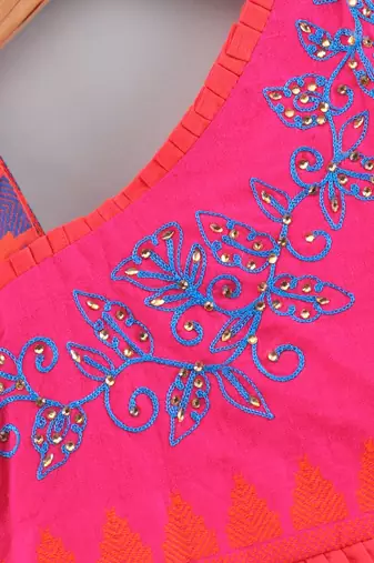 Solid Cotton Asymmetric Neck Embroidered Top With Printed Dhoti Pants- Orange & Blue