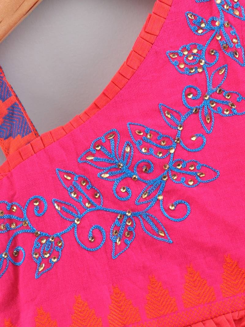 Solid Cotton Asymmetric Neck Embroidered Top With Printed Dhoti Pants- Orange & Blue
