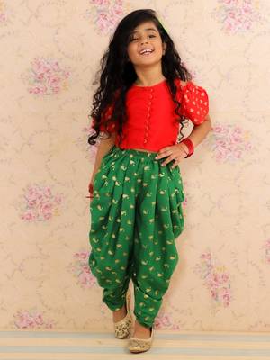Cold Shoulder Top With Printed Dhoti Pants Set- Red & Green 1