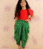 Cold Shoulder Top With Printed Dhoti Pants Set- Red & Green