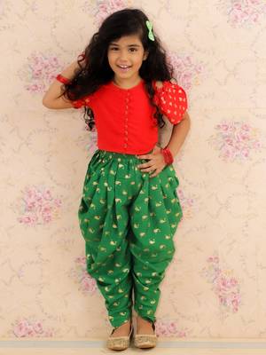 Cold Shoulder Top With Printed Dhoti Pants Set- Red & Green 2