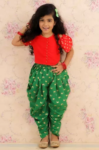 Cold Shoulder Top With Printed Dhoti Pants Set- Red & Green
