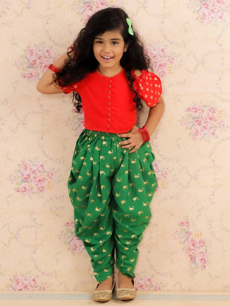 Cold Shoulder Top With Printed Dhoti Pants Set- Red & Green