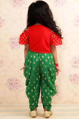 Cold Shoulder Top With Printed Dhoti Pants Set- Red & Green