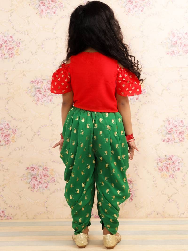 Cold Shoulder Top With Printed Dhoti Pants Set- Red & Green