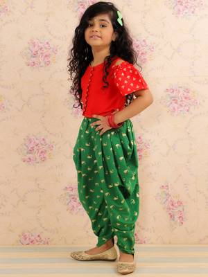 Cold Shoulder Top With Printed Dhoti Pants Set- Red & Green 4