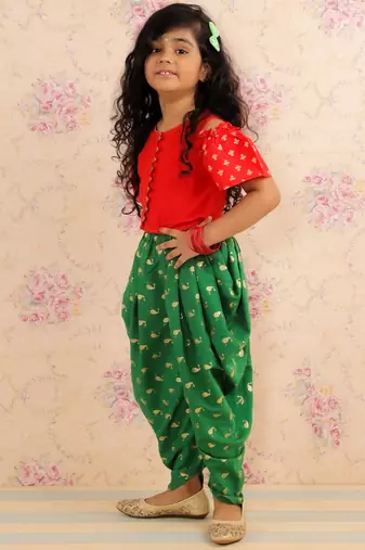 Cold Shoulder Top With Printed Dhoti Pants Set- Red & Green