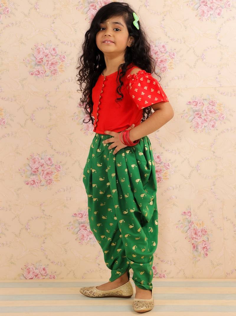 Cold Shoulder Top With Printed Dhoti Pants Set- Red & Green