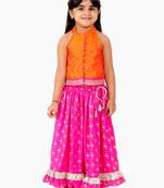 Potli Button Details Chevron Design Choli With Flamingo Printed Ghagra- Orange & Pink
