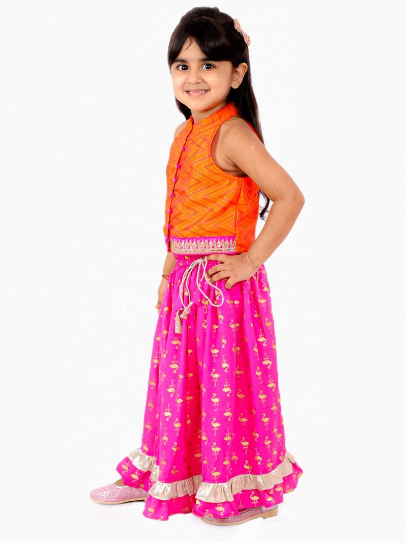 Potli Button Details Chevron Design Choli With Flamingo Printed Ghagra- Orange & Pink