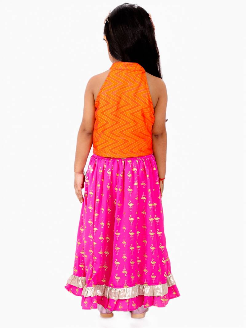 Potli Button Details Chevron Design Choli With Flamingo Printed Ghagra- Orange & Pink