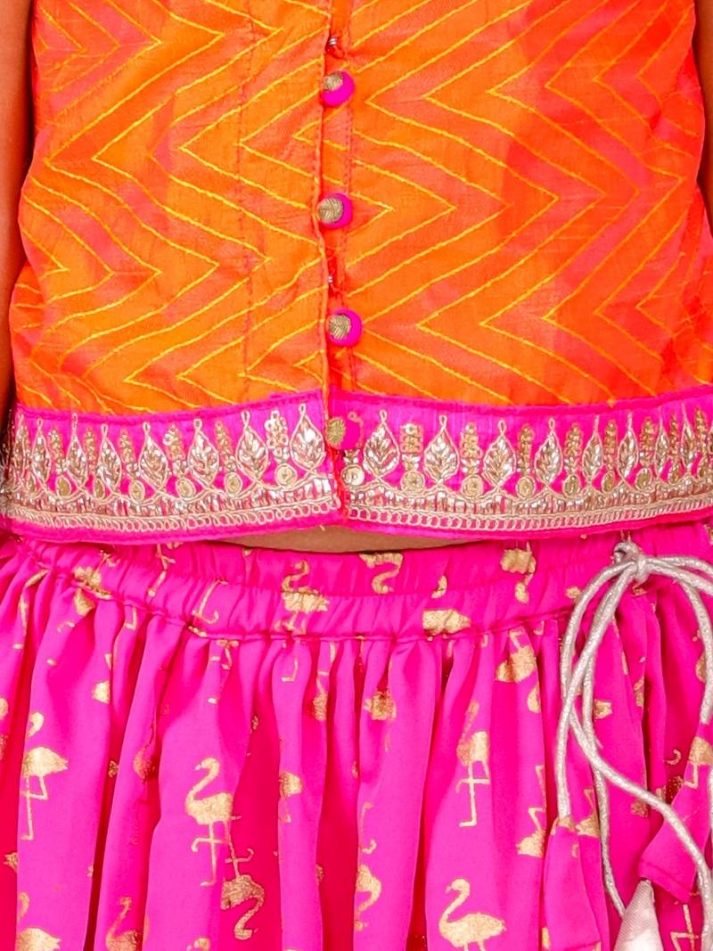 Potli Button Details Chevron Design Choli With Flamingo Printed Ghagra- Orange & Pink