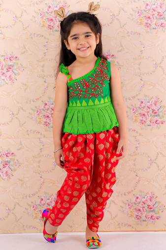 Embroidered One Shoulder Peplum Top With Printed Dhoti Pants- Green & Red