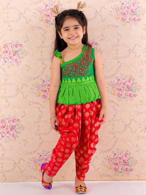 Embroidered One Shoulder Peplum Top With Printed Dhoti Pants- Green & Red 1