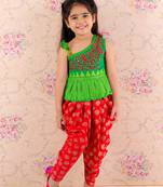 Embroidered One Shoulder Peplum Top With Printed Dhoti Pants- Green & Red