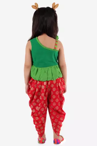 Embroidered One Shoulder Peplum Top With Printed Dhoti Pants- Green & Red