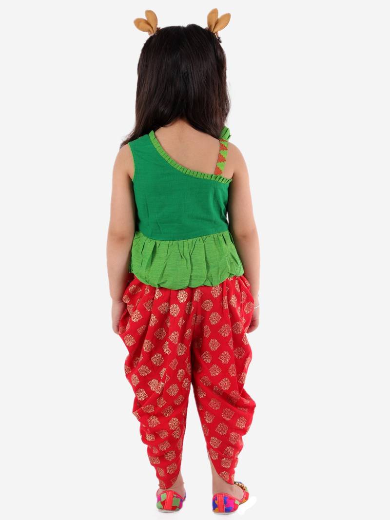 Embroidered One Shoulder Peplum Top With Printed Dhoti Pants- Green & Red