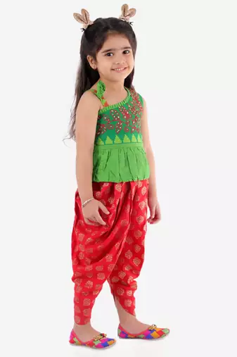 Embroidered One Shoulder Peplum Top With Printed Dhoti Pants- Green & Red