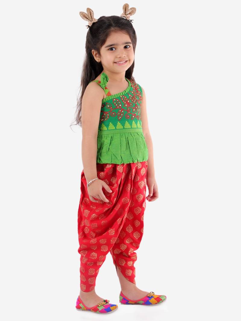 Embroidered One Shoulder Peplum Top With Printed Dhoti Pants- Green & Red
