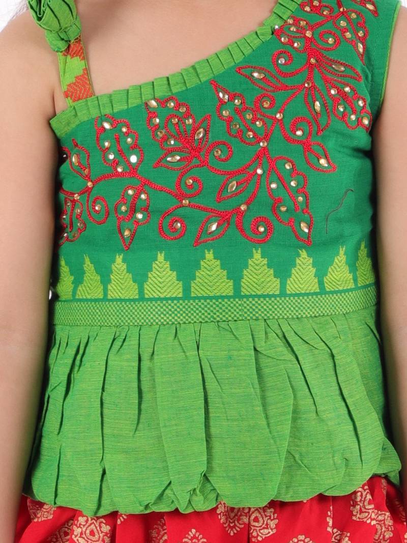 Embroidered One Shoulder Peplum Top With Printed Dhoti Pants- Green & Red