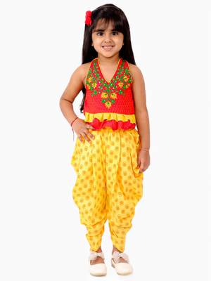 Handloom Cotton V Neck Girls Embroidered Top With Printed Dhoti Pants- Red & Yellow 1