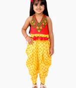 Handloom Cotton V Neck Girls Embroidered Top With Printed Dhoti Pants- Red & Yellow