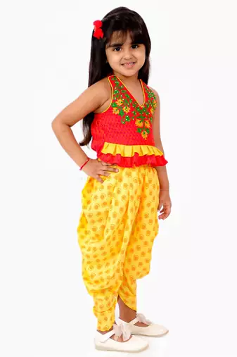 Handloom Cotton V Neck Girls Embroidered Top With Printed Dhoti Pants- Red & Yellow