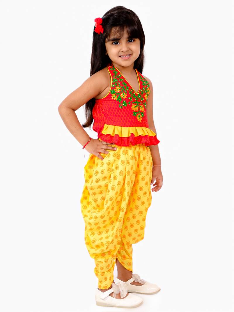 Handloom Cotton V Neck Girls Embroidered Top With Printed Dhoti Pants- Red & Yellow