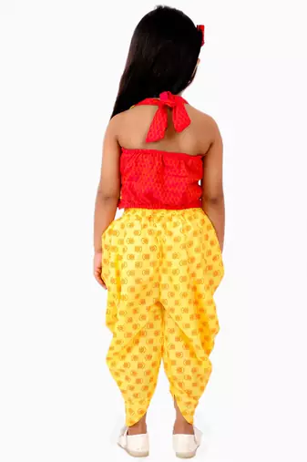 Handloom Cotton V Neck Girls Embroidered Top With Printed Dhoti Pants- Red & Yellow