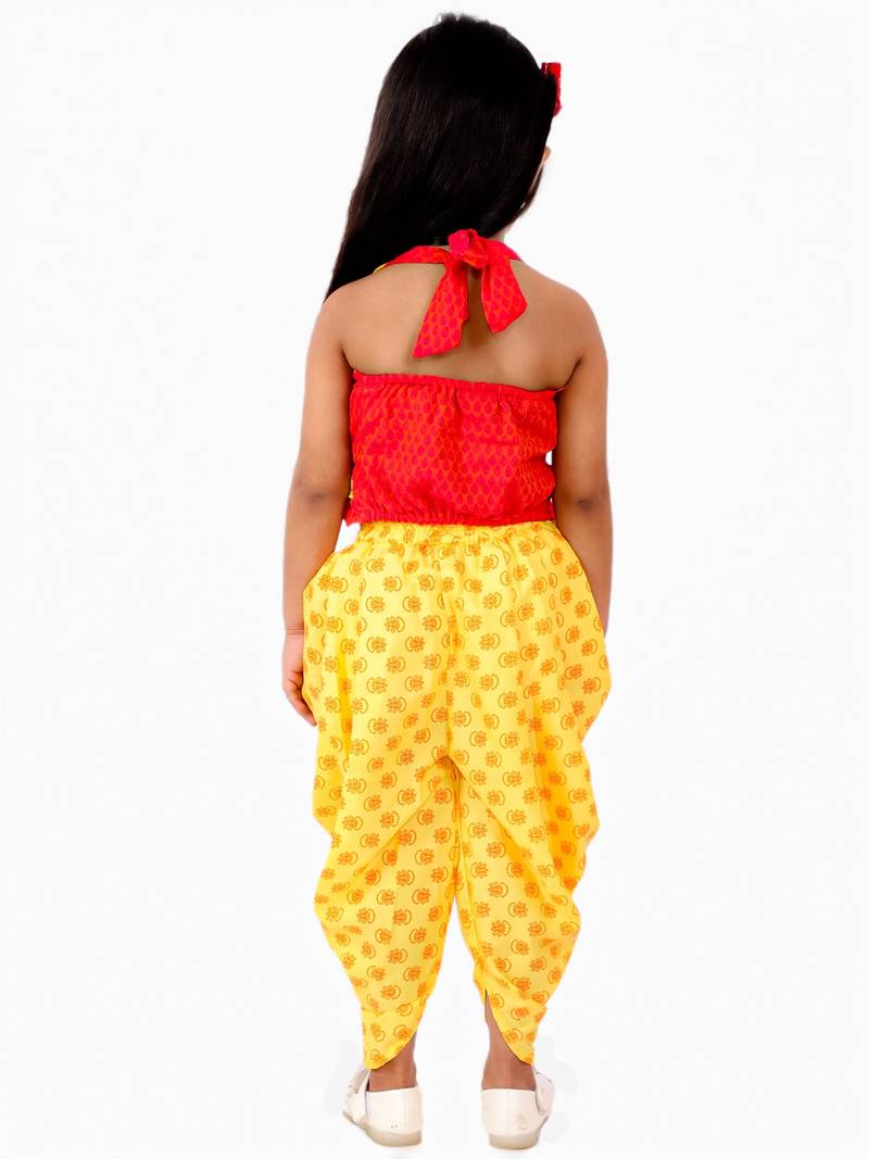 Handloom Cotton V Neck Girls Embroidered Top With Printed Dhoti Pants- Red & Yellow