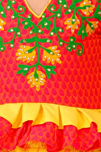 Handloom Cotton V Neck Girls Embroidered Top With Printed Dhoti Pants- Red & Yellow