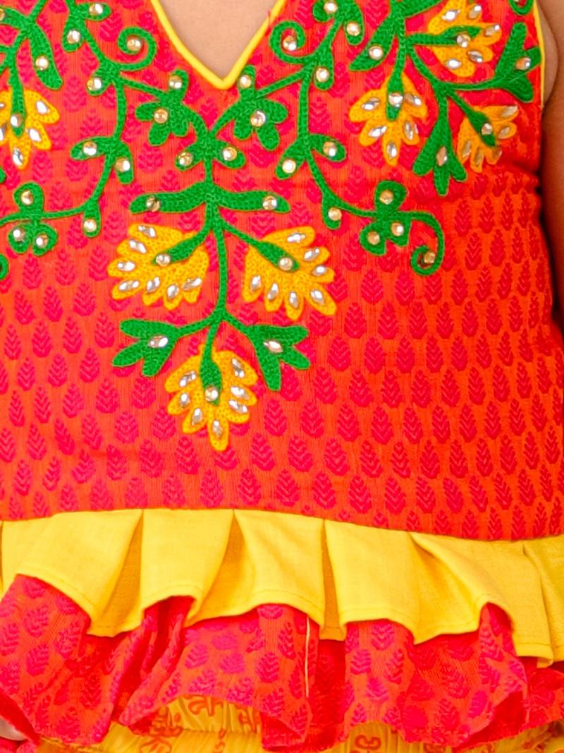Handloom Cotton V Neck Girls Embroidered Top With Printed Dhoti Pants- Red & Yellow