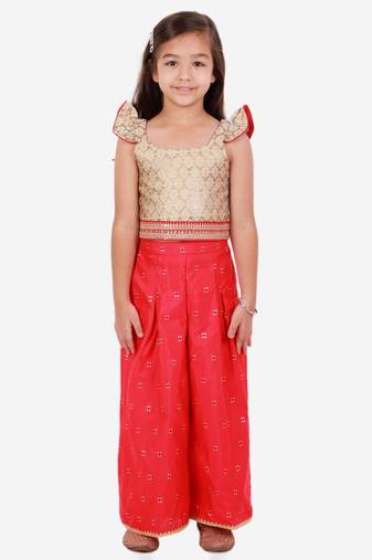 Brocade Flutter Sleeves Top With Palazzo- Gold
