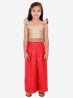 Brocade Flutter Sleeves Top With Palazzo- Gold 1