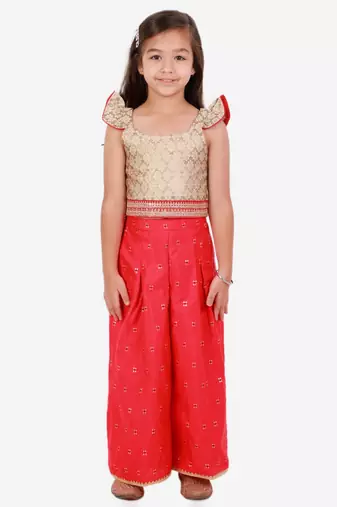 Brocade Flutter Sleeves Top With Palazzo- Gold