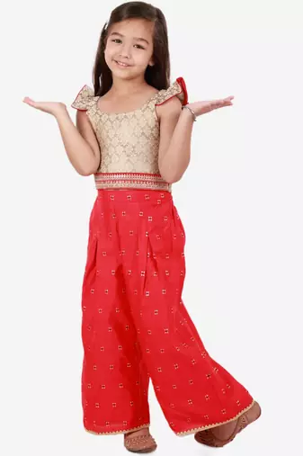 Brocade Flutter Sleeves Top With Palazzo- Gold