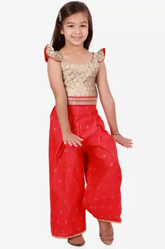 Brocade Flutter Sleeves Top With Palazzo- Gold