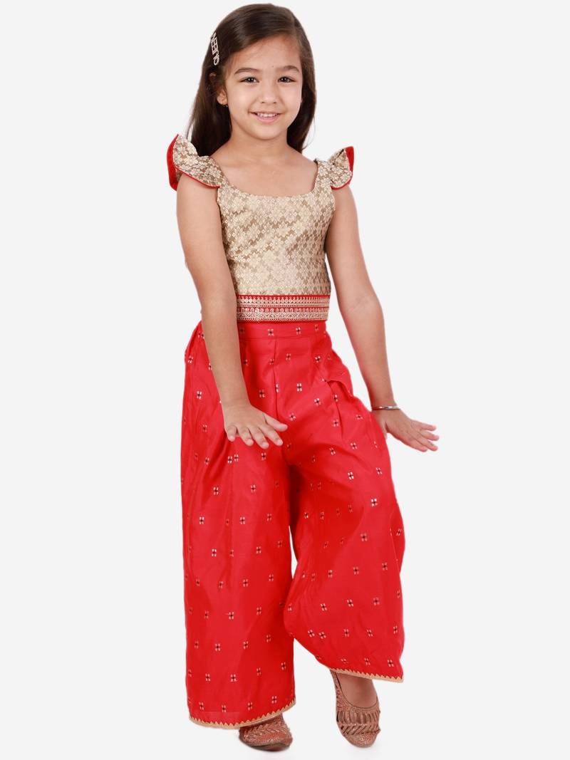 Brocade Flutter Sleeves Top With Palazzo- Gold