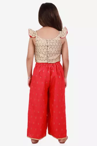 Brocade Flutter Sleeves Top With Palazzo- Gold