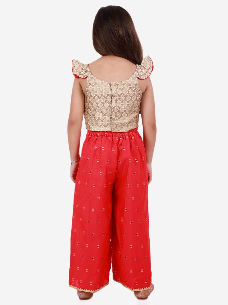 Brocade Flutter Sleeves Top With Palazzo- Gold