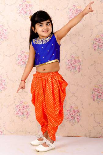 Embroidered Top And Printed Dhoti Pants- Blue & Orange