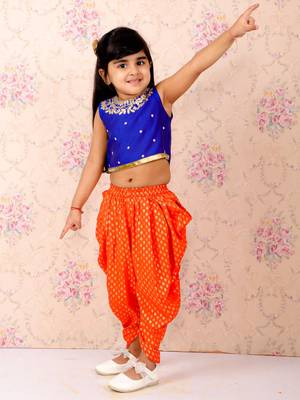 Embroidered Top And Printed Dhoti Pants- Blue & Orange 1