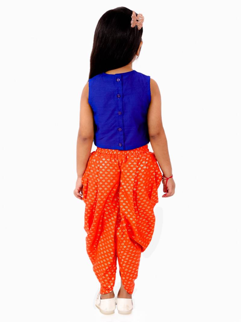 Embroidered Top And Printed Dhoti Pants- Blue & Orange