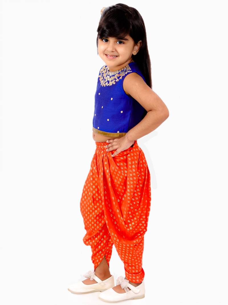 Embroidered Top And Printed Dhoti Pants- Blue & Orange