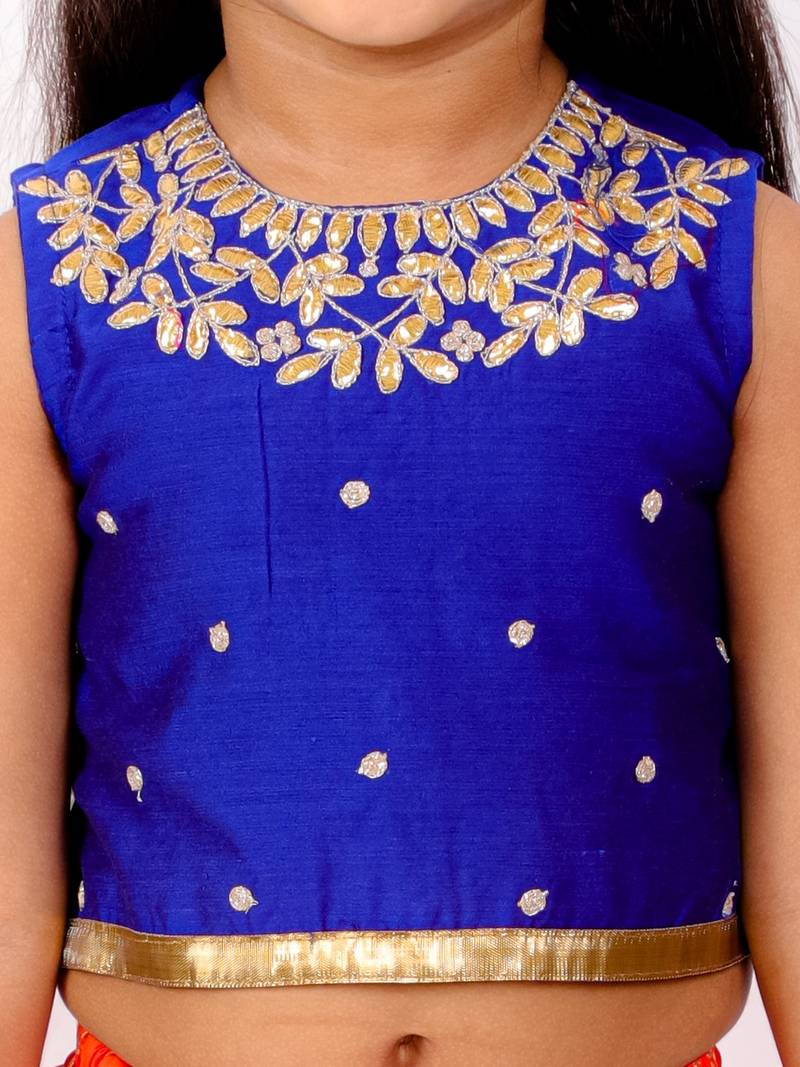 Embroidered Top And Printed Dhoti Pants- Blue & Orange